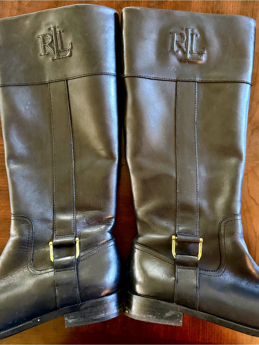 Ralph Lauren Embossed Black Leather Tall Riding Boots with Gold Buckle Size 9